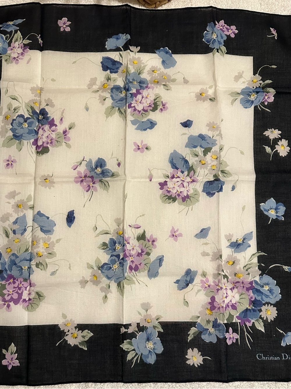 Vintage Christian Dior Floral Cotton Square Scarf Black Border 16.5” EUC